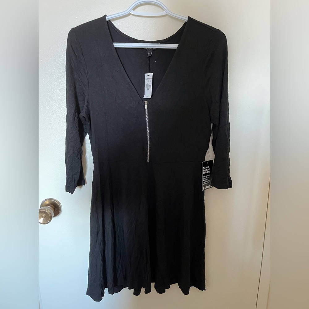 Express Zip-Front Black Long-Sleeve Dress